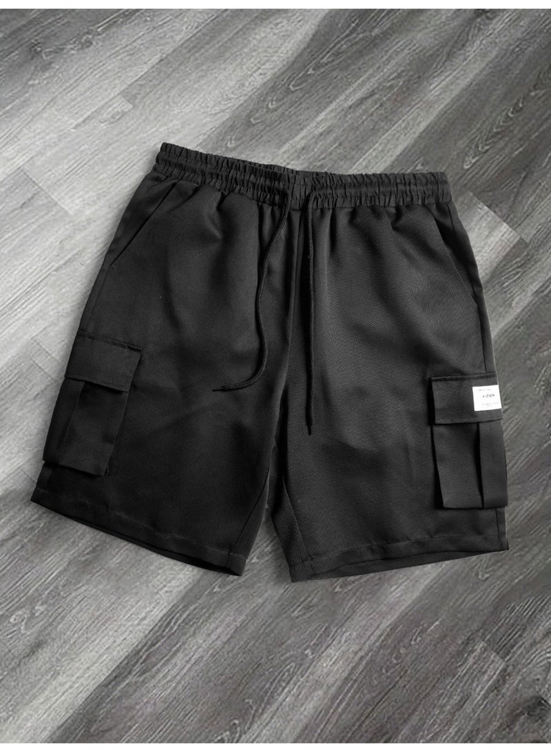 Men's Black Casual Cargo Shorts Elastic Waist Drawstring Relaxed Fit Half Pants with Pockets - Image 4
